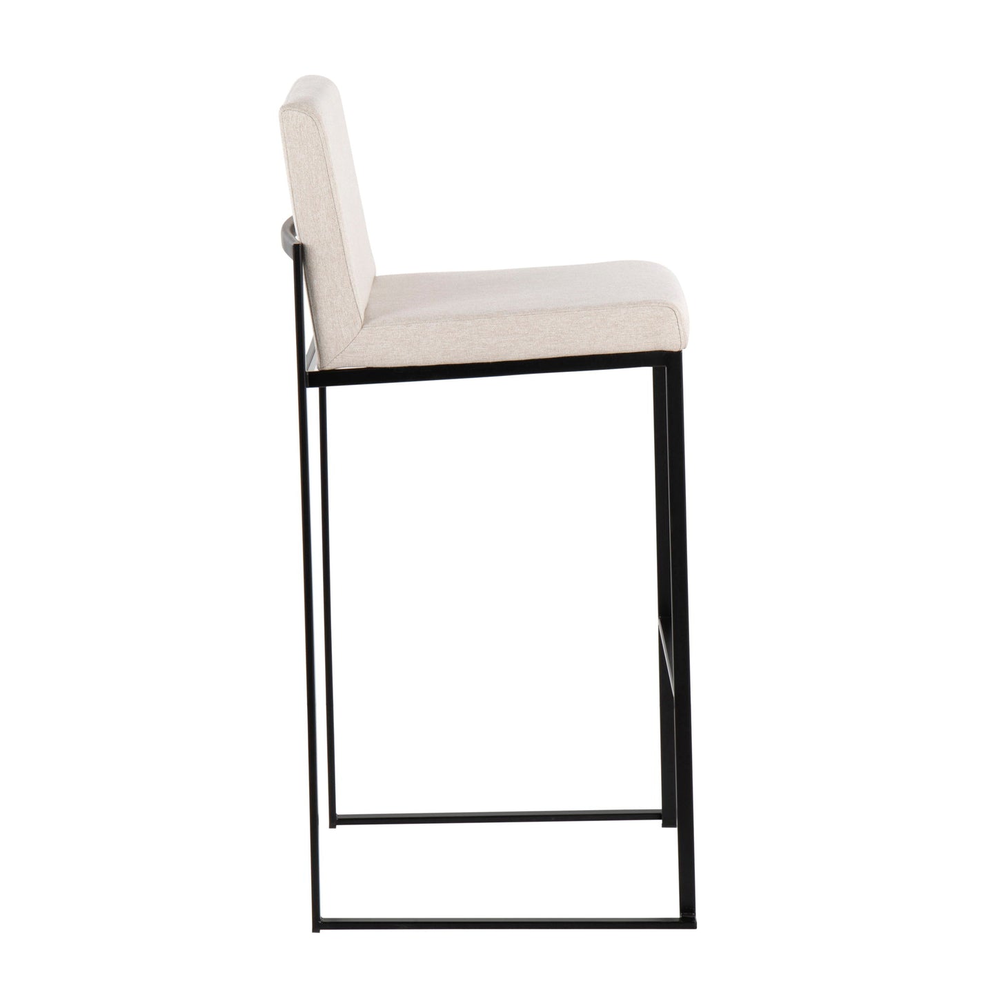 Side view of the Fuji – Contemporary High Back Barstool featuring an elegant light beige cushioned seat and backrest, supported by a minimalist black metal frame and legs, set against a plain white background.