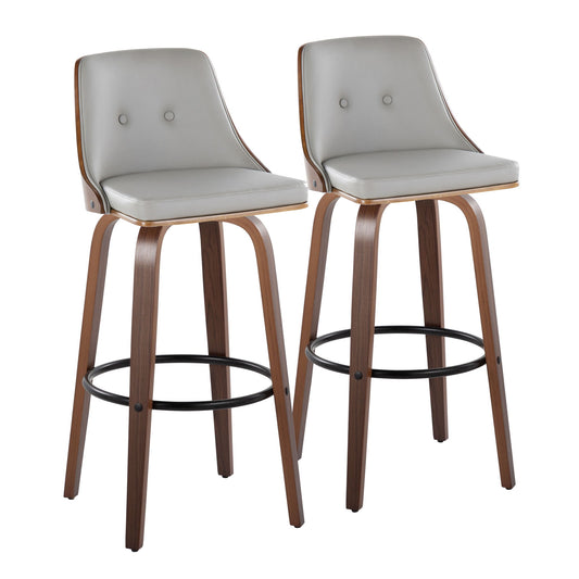 The Gianna set includes two mid-century modern barstools with light gray cushioned seats and backs, walnut curved wood frames, and round metal footrests for support. Fixed height; non-swivel.