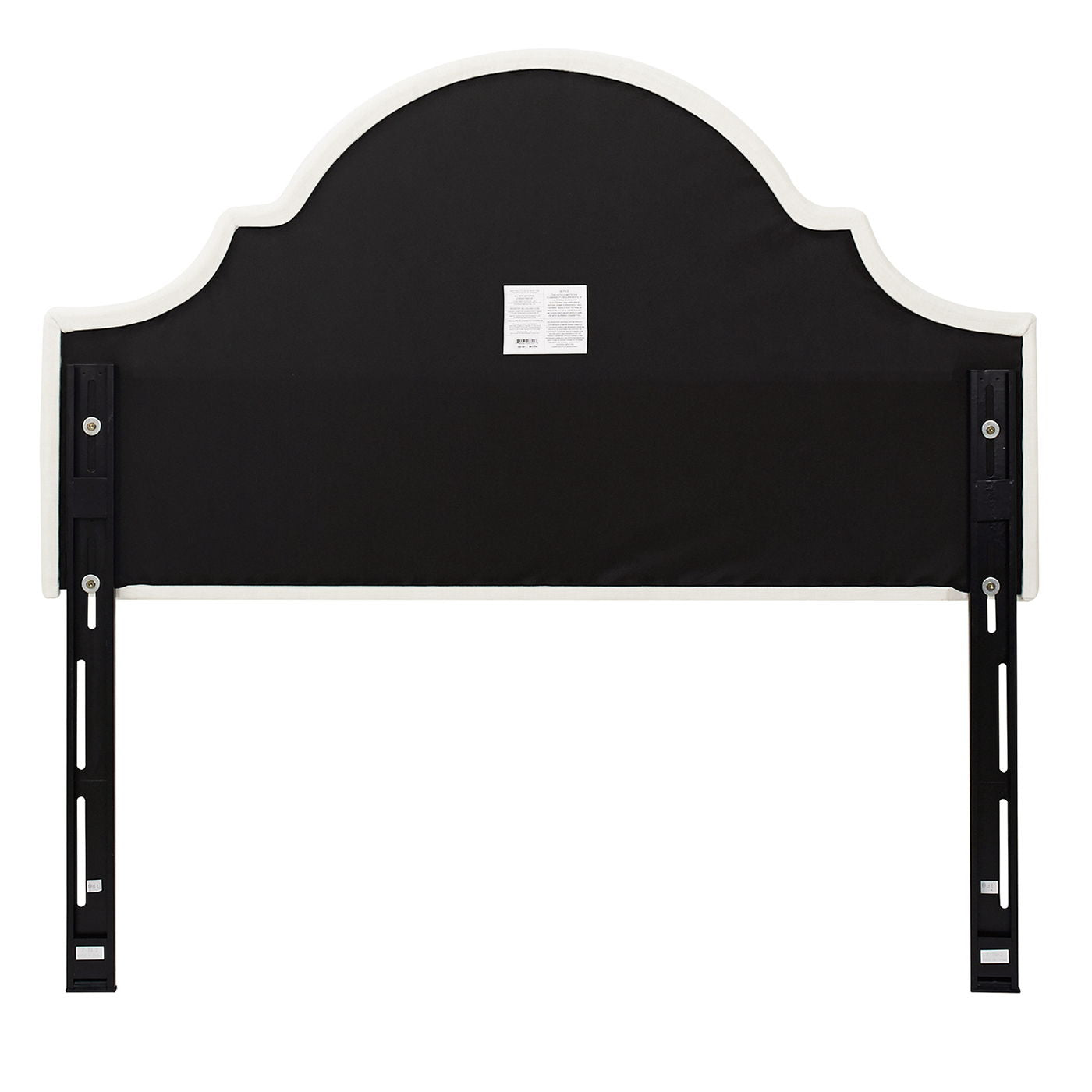 The Catherine - Luxurious Comfort Upholstered Headboard features black and white upholstery with a curved, scalloped top. Shown from the back, it has two black metal support legs and a centered white product label.
