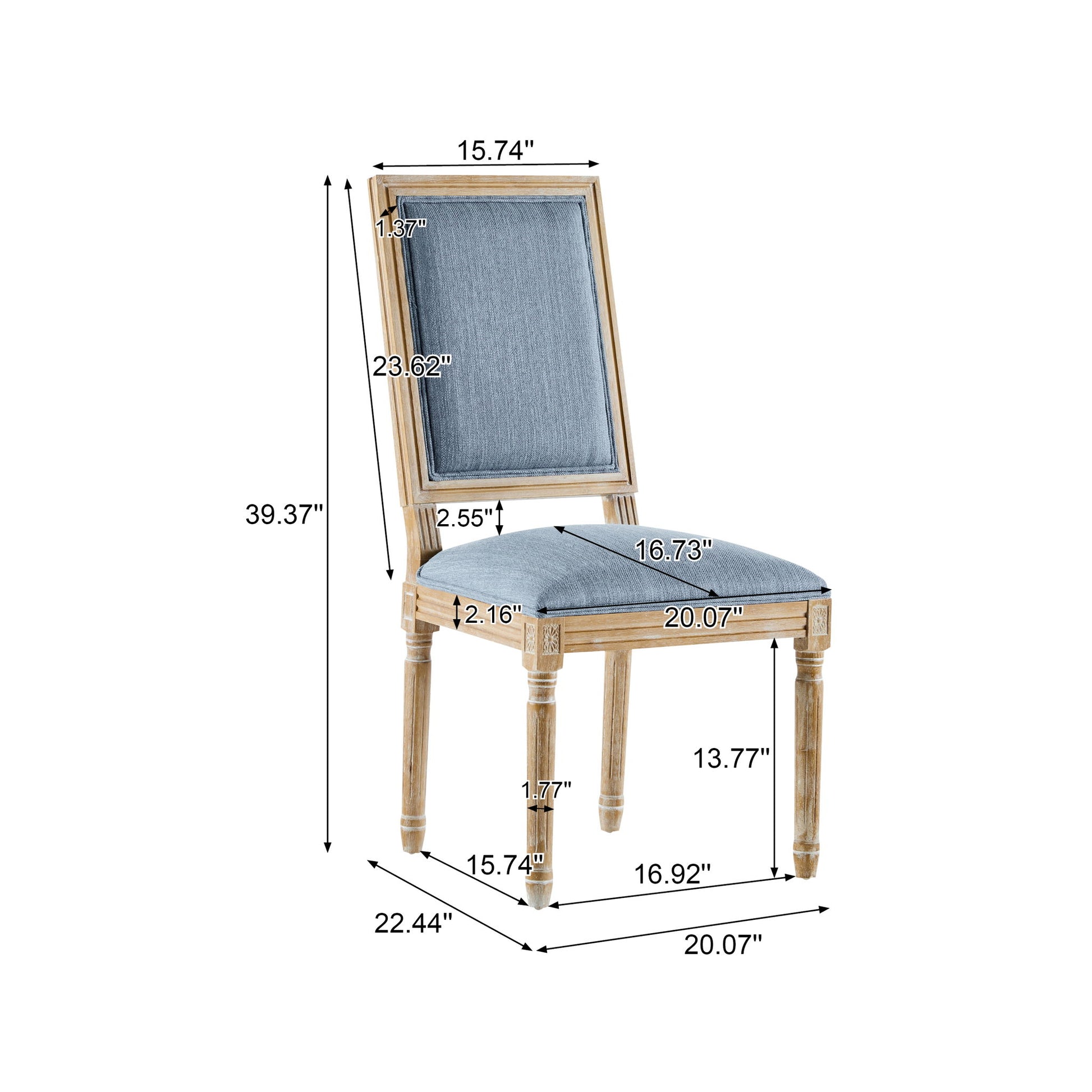 The French Country Style Dining Chair with upholstered blue seat and backrest is shown, featuring detailed measurements of height, seat width, depth, and other dimensions annotated with arrows and numbers.