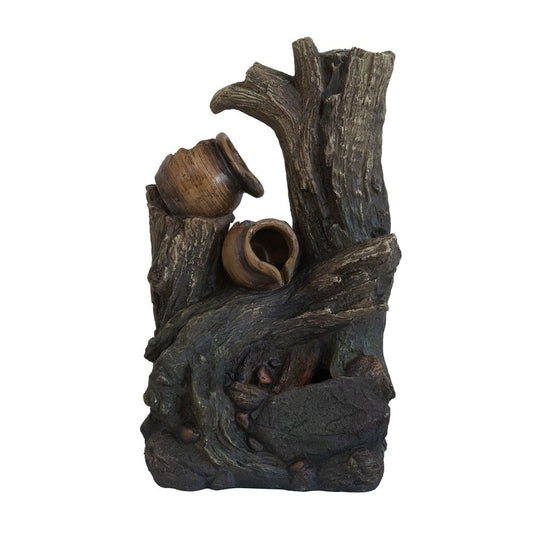 The Decorative 4 Tier Broken Pot Water Fountain With LED Light - Brown features rustic, overturned pots nestled among weathered wood trunks, creating a striking sculptural accent against a plain white background.