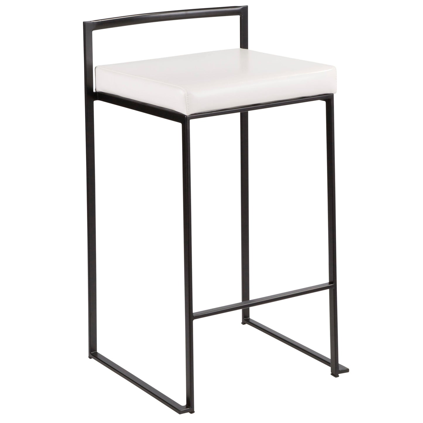 The Fuji - Contemporary Style Stackable Counter Stool features a minimalistic black metal frame, white cushioned seat, low rectangular backrest, and no armrests—offering modern appeal and stackable convenience.