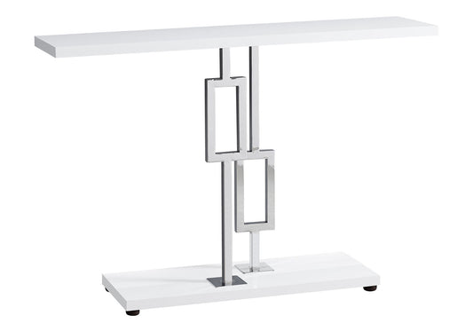 The Console Accent Table is a modern, narrow piece for the living room featuring a white rectangular top and base, connected by a chrome metal support with two open rectangular geometric shapes.