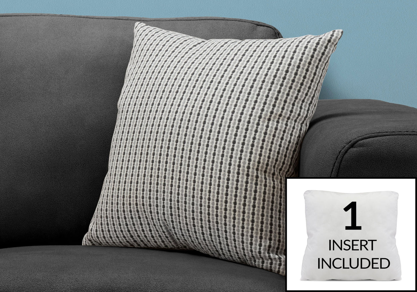 A gray textured decorative pillow from our Square Collection rests on a dark gray sofa. Inset shows the included hypoallergenic white insert. Background wall is light blue.