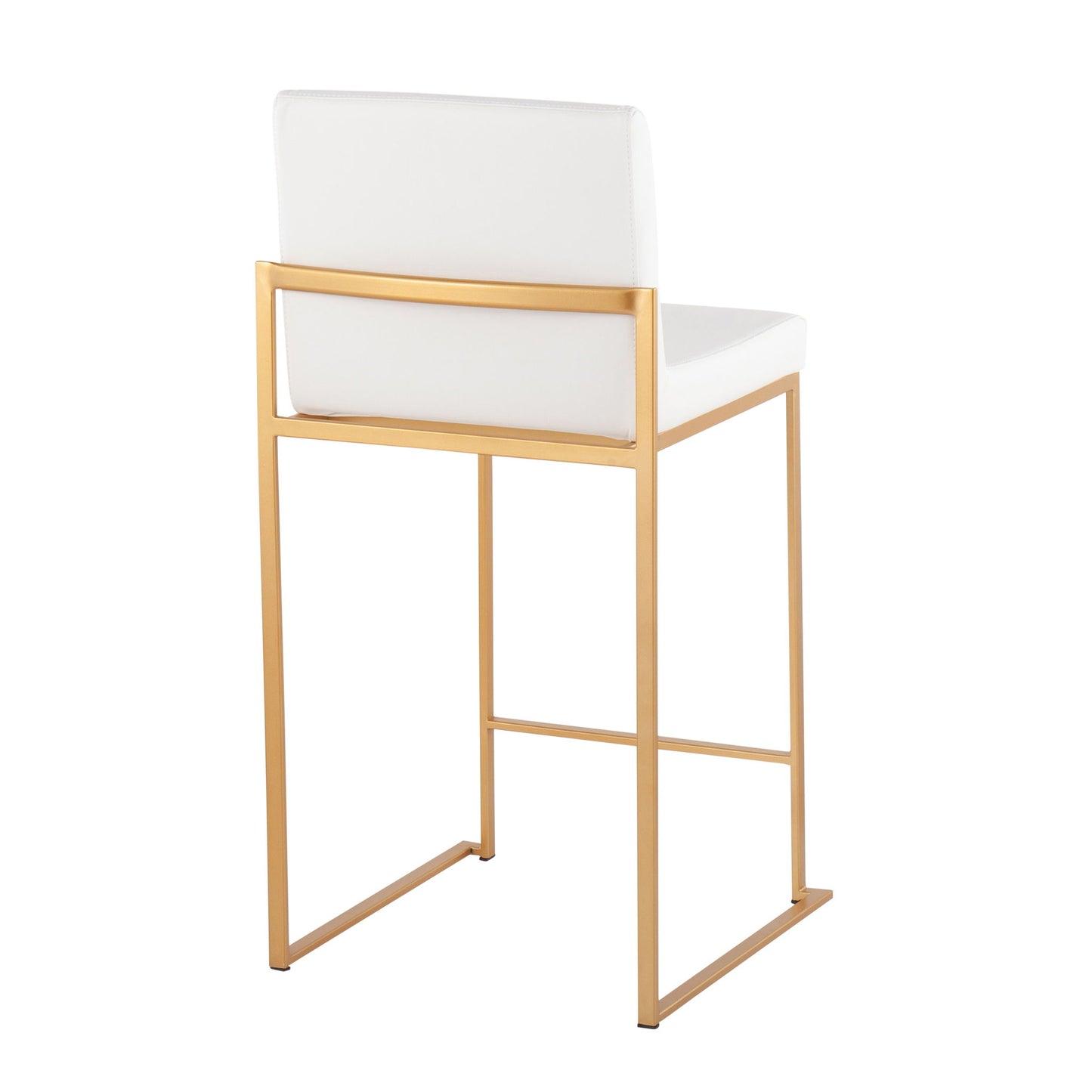 The Fuji - Contemporary High Back Stylish Counter Stool features a gold metal frame and white cushioned seat and backrest, shown from the back against a white background.