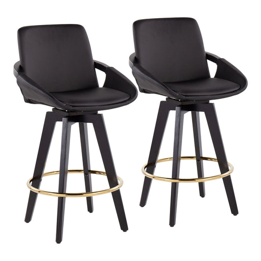 Set of 2 Cosmo Contemporary Fixed Height Counter Stools with swivel seats, black finish, armrests, cushioned seats, four legs, and a circular gold footrest for a sleek modern look.