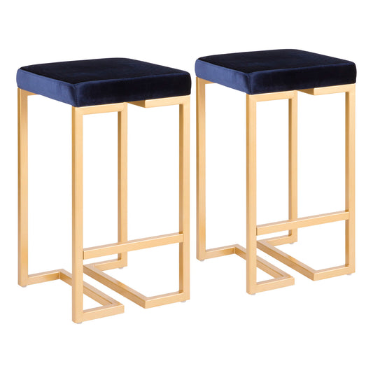 The Midas - Contemporary / Glam Counter Stool (Set of 2) features modern gold metal frames and square navy blue upholstered seats, pictured side by side on a white background.