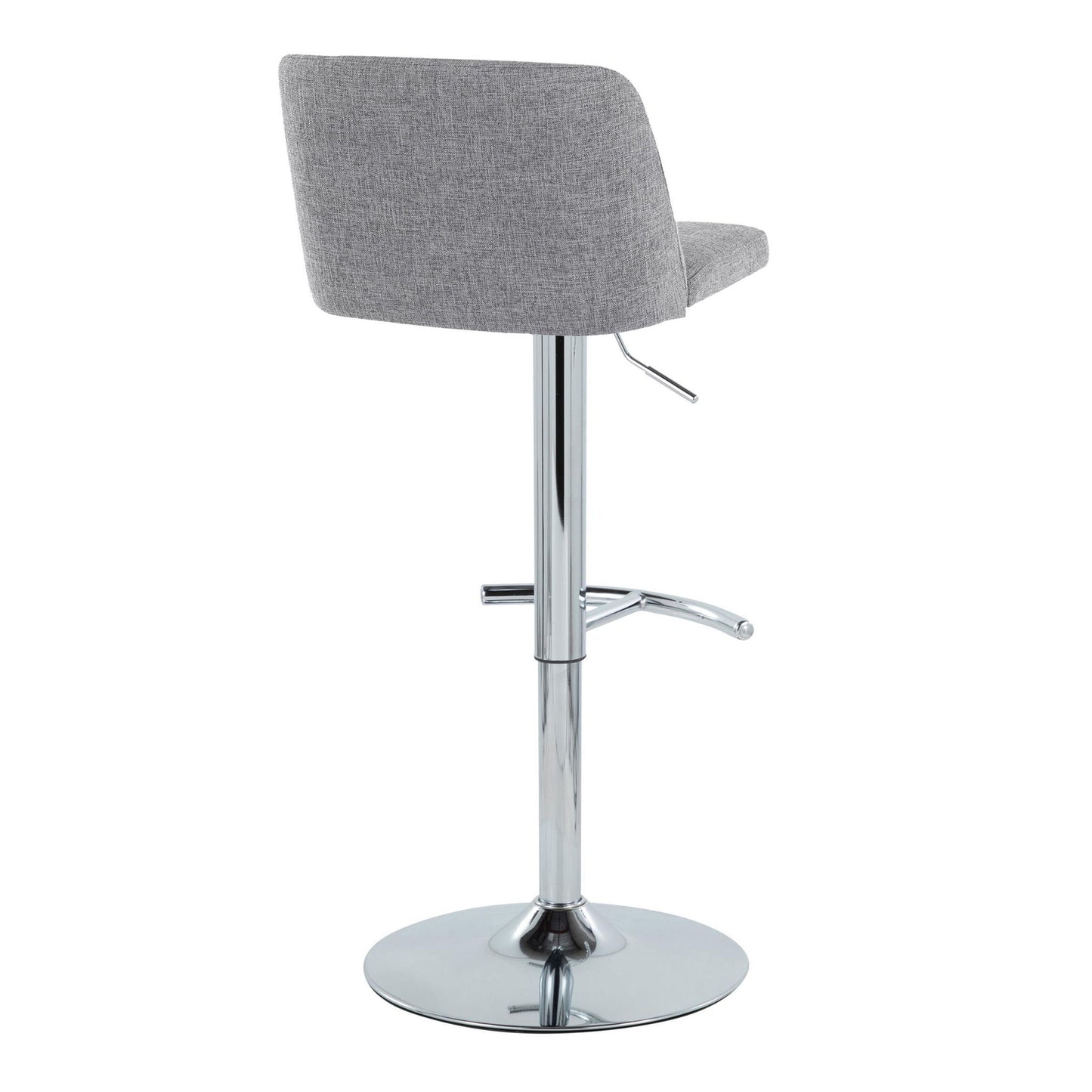 The Toriano Contemporary Adjustable Barstool set features swivel seats in light gray upholstery, chrome metal bases, a rounded T footrest, and circular pedestal bases, all viewed from behind.