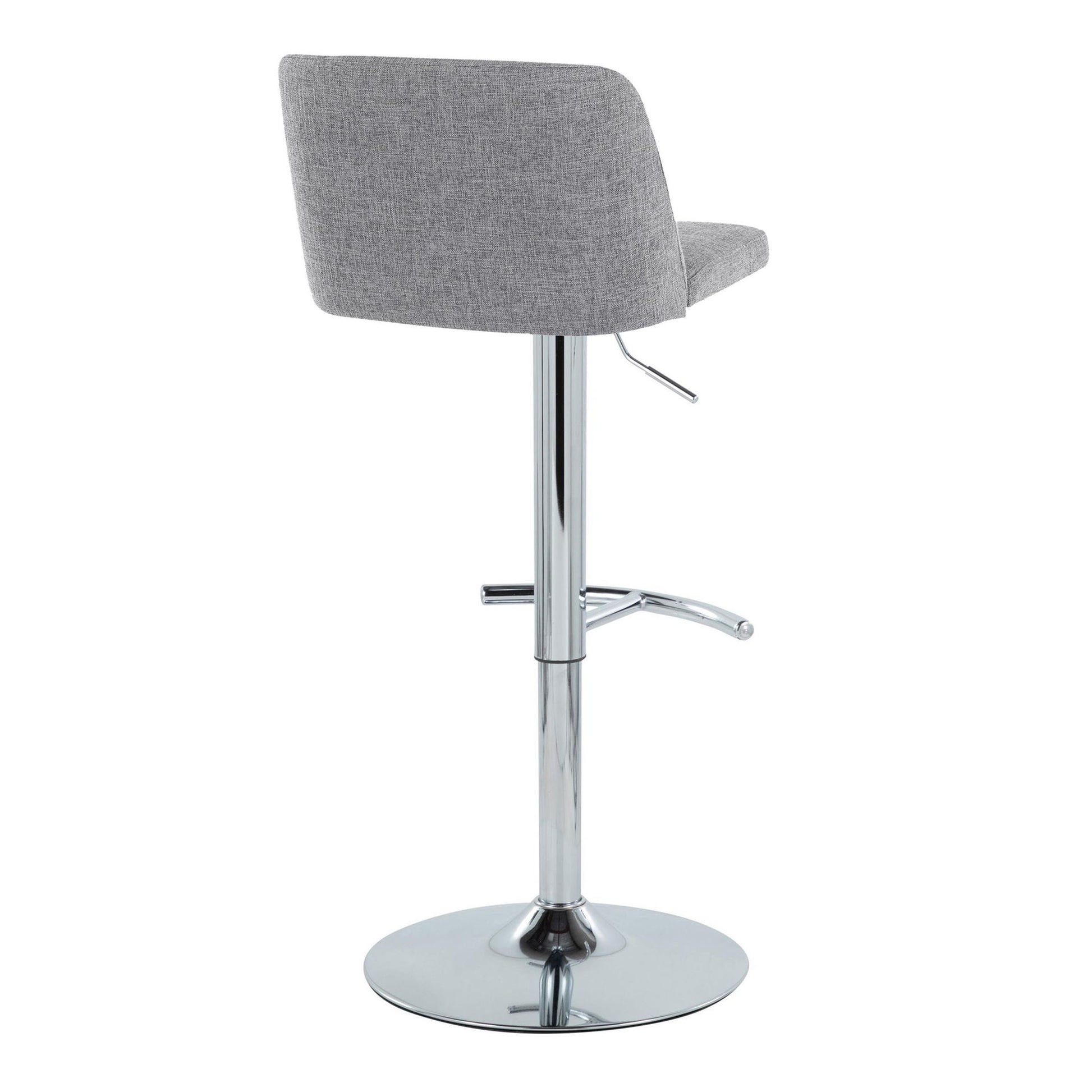 The Toriano Contemporary Adjustable Barstool set features swivel seats in light gray upholstery, chrome metal bases, a rounded T footrest, and circular pedestal bases, all viewed from behind.