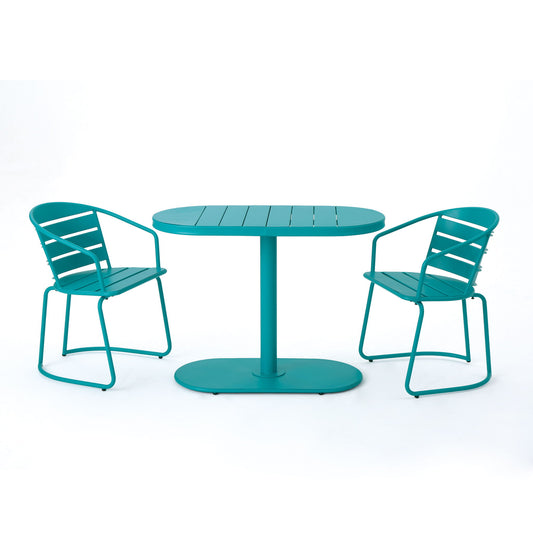 The 3 Piece Elegant Outdoor Bistro Set features a modern teal oval table and two matching slatted metal chairs, all displayed against a plain white background.