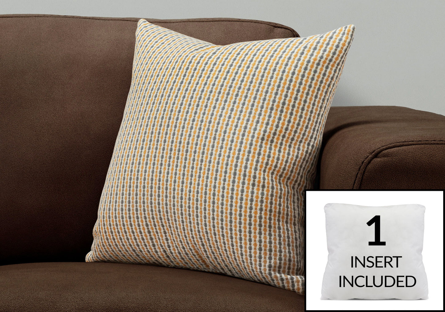 A Pillows Square Decorative Throw with blue and beige patterns is on a brown couch. An inset displays the included hypoallergenic white pillow insert, highlighting “1 INSERT INCLUDED.”.