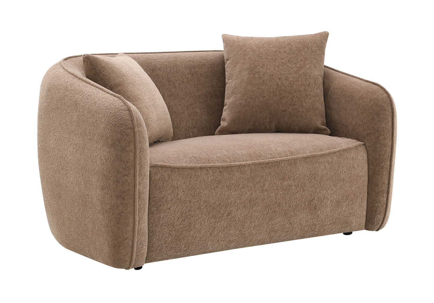 The Keith Chenille Loveseat features modern light brown upholstery, curved armrests and backrest, and includes two matching color toss pillows, all set against a white background.