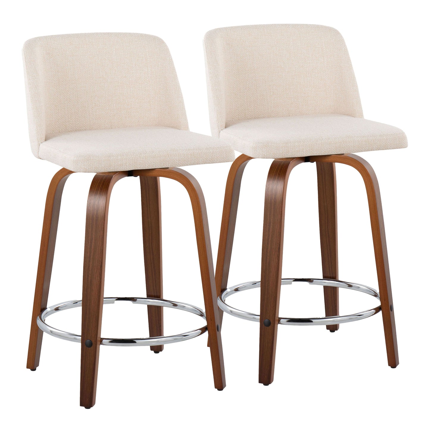 The set of two beige upholstered bar stools, named Toriano, features slightly angled backrests and curved wooden legs with chrome footrests, offering a stylish mid-century modern design perfect for any kitchen or bar area.
