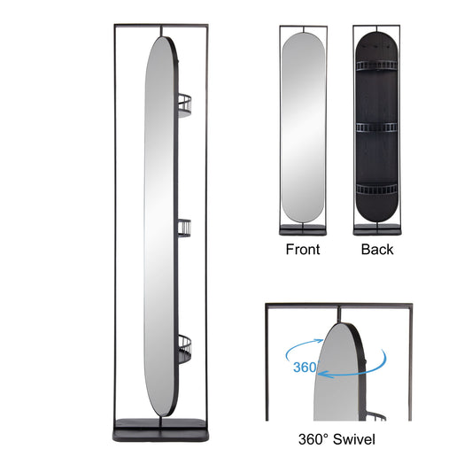 The Full Length Standing Mirror, 360° Swivel Floor Mirror For Bedroom - Black features a tall oval design with a black frame. Shown from the front and back, the back view reveals storage shelves and the mirror can fully rotate on its stand.