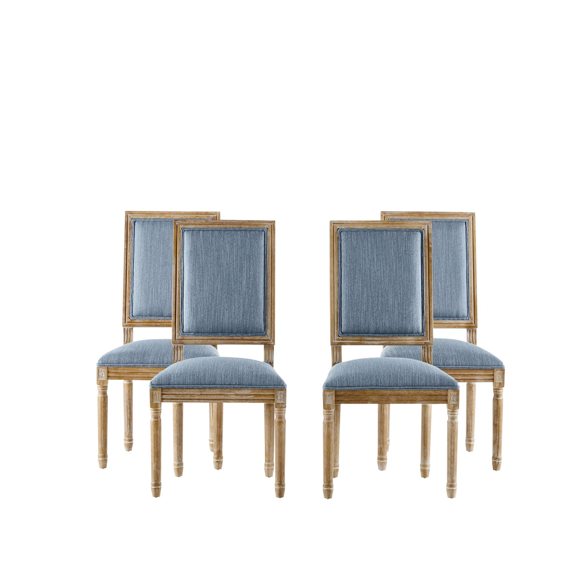 Four French Country Style Dining Chairs with blue upholstered seats and backs, featuring fluted legs, are arranged in two rows on a white background.
