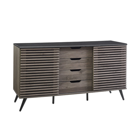 The Contemporary Sliding Slat Door Sideboard has angled black legs, a black top, central cut-out handle drawers, and two side doors with horizontal slatted designs.