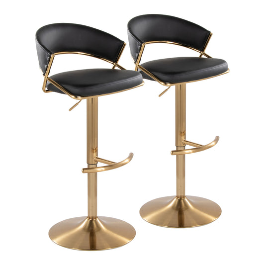 The Jie Contemporary Adjustable Barstool (Set of 2) features swivel seats and backrests with black cushions, gold-colored metal frames, rounded T-shaped footrests, and round bases for a sleek, modern look.