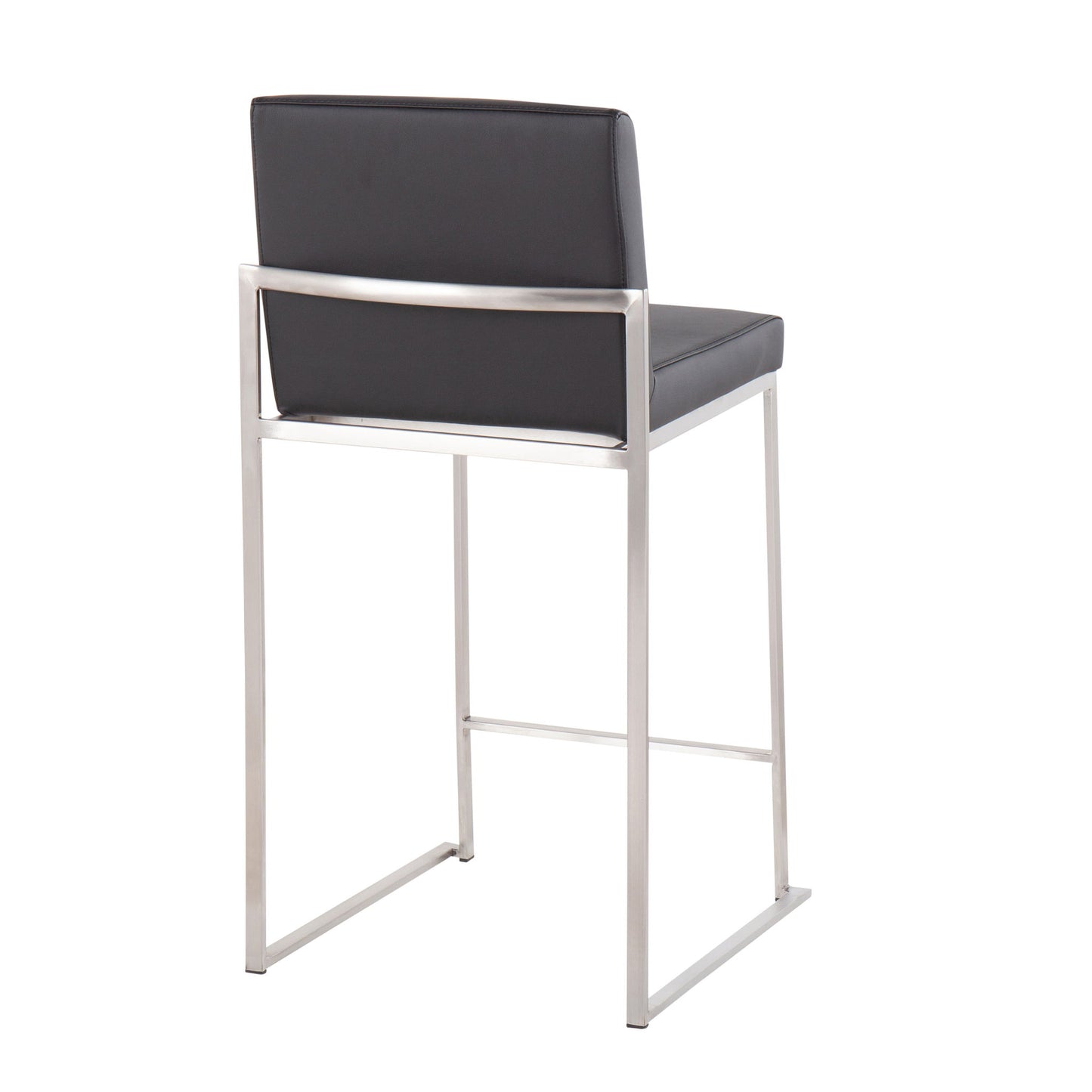 The Fuji - Contemporary High Back Counter Stool features a black cushioned seat and backrest on a sleek brushed silver metal frame, shown from a rear angled view for its functional design.