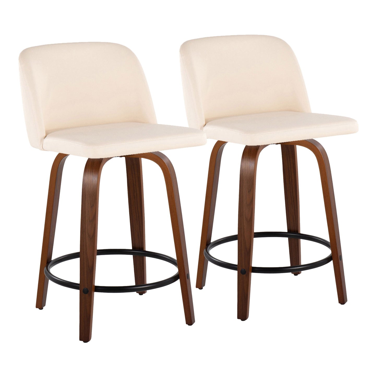 Set of 2 Toriano Mid Century Modern counter stools with cream cushioned seats and backs, curved wooden legs, black round footrest, and fixed height. Swivel design shown against a white background.