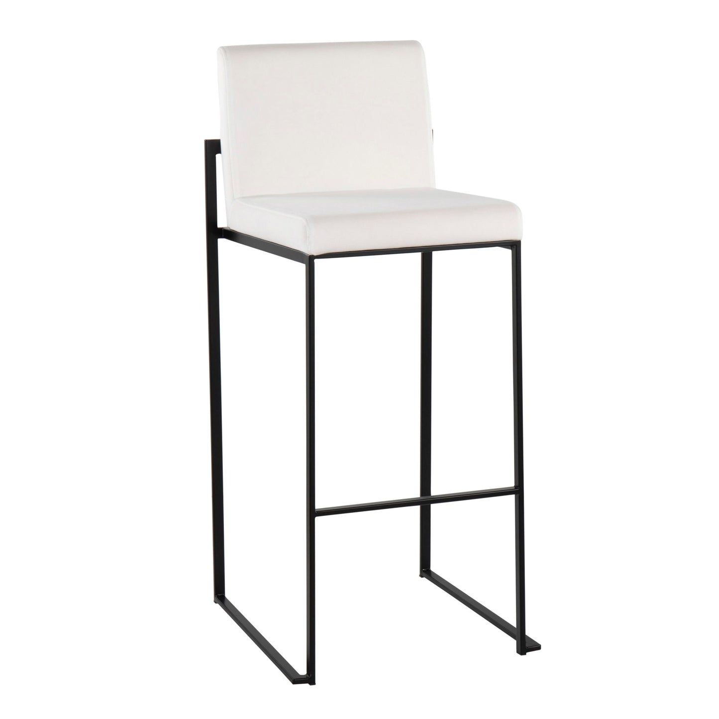 The Fuji - Contemporary High Back Barstool features a white cushioned seat and backrest, paired with a sleek black metal frame and footrest for an elegant, modern look.