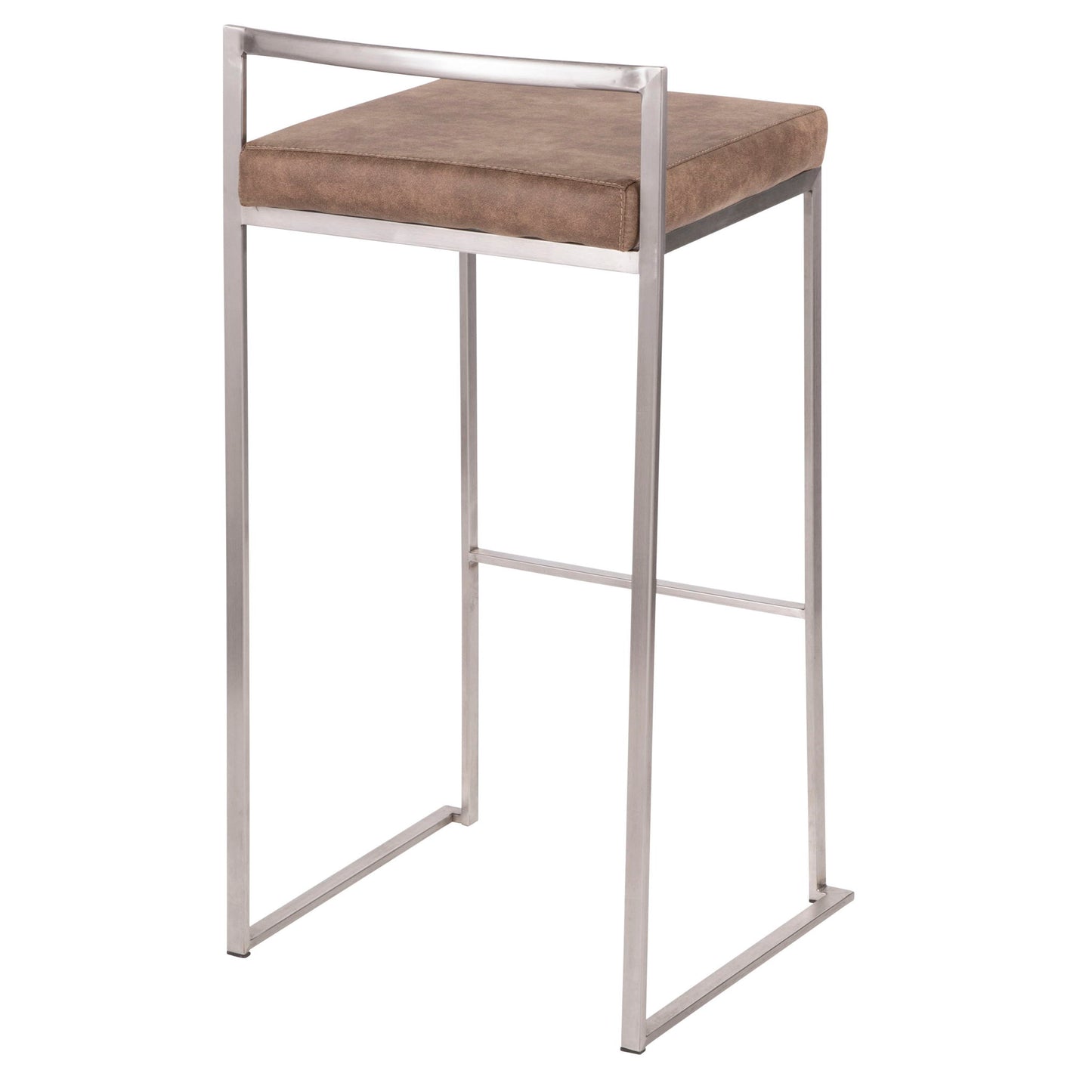 The Fuji Barstool features a contemporary, elegant design with a stackable silver metal frame and a square cushioned brown seat, plus a minimalist backrest and no armrests.