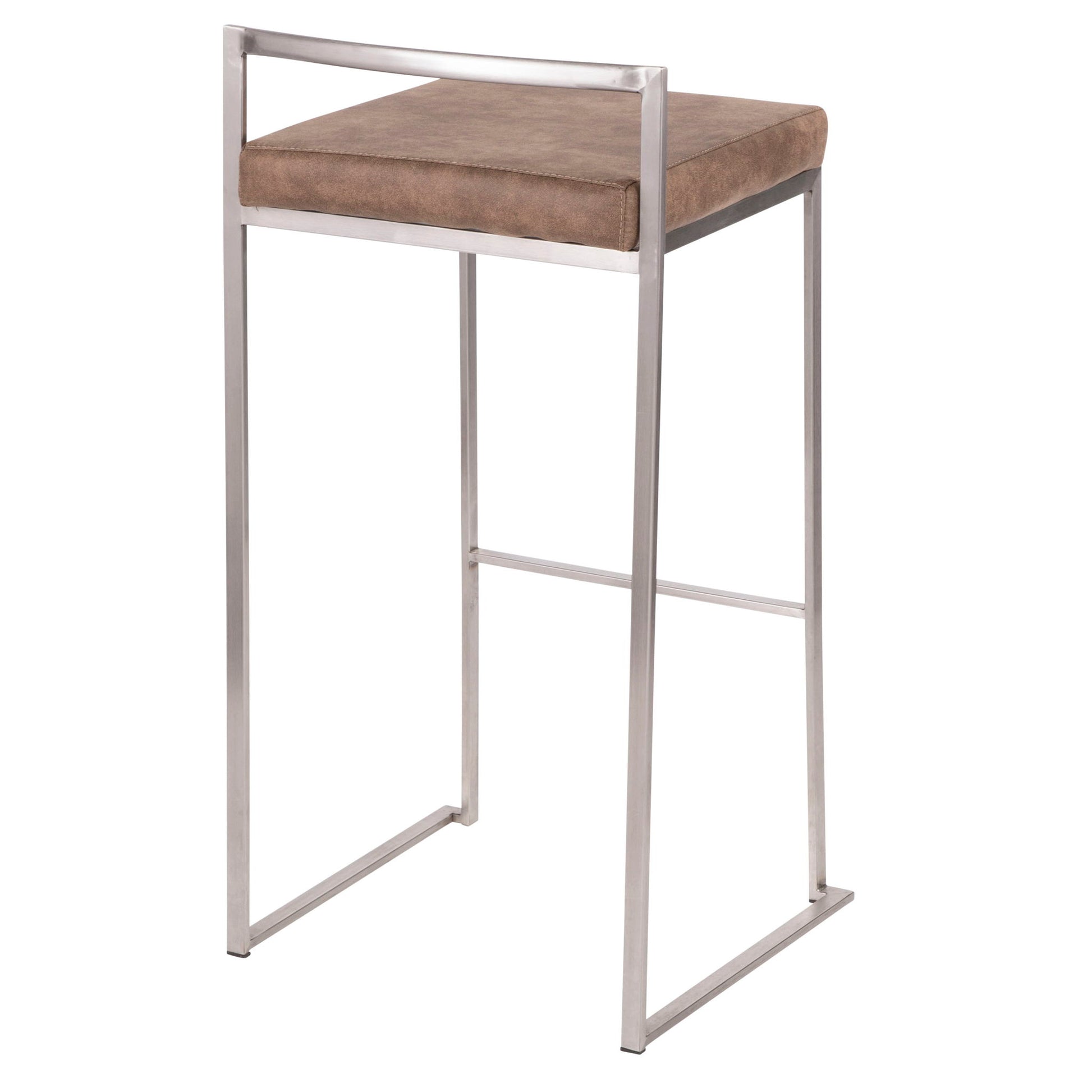 The Fuji Barstool features a contemporary, elegant design with a stackable silver metal frame and a square cushioned brown seat, plus a minimalist backrest and no armrests.
