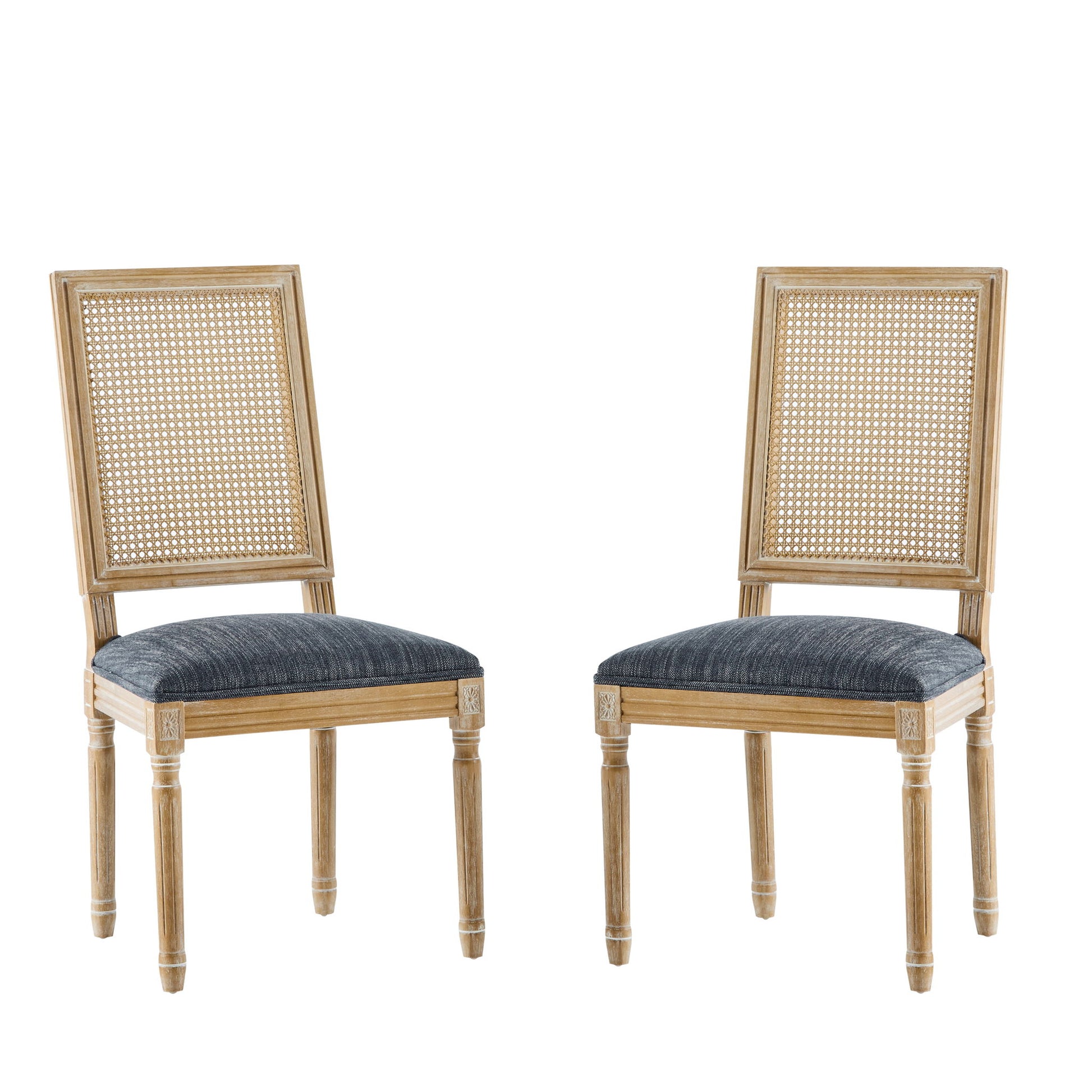 Two French Country Dining Chairs with rectangular cane backrests and smooth upholstered seats in dark fabric, featuring light brown wooden frames, are arranged facing each other against a white background.