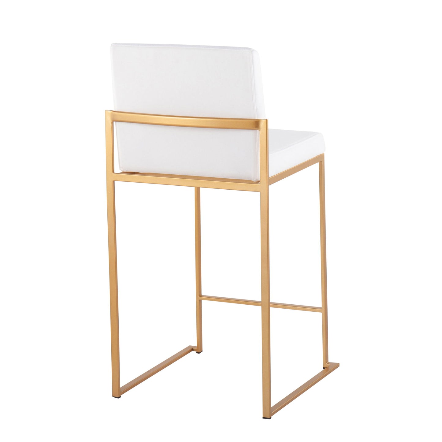 The Fuji - Contemporary High Back Stylish Counter Stool features a white cushioned seat and backrest paired with a sleek gold metal frame in a minimalistic design. Image displays the stool’s back view.