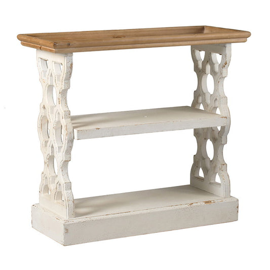 The Distressed Wood Shelf Tray, French Country Console Table features a natural wood top, antique white distressed finish, decorative cutout sides, two shelves, and a rectangular base.