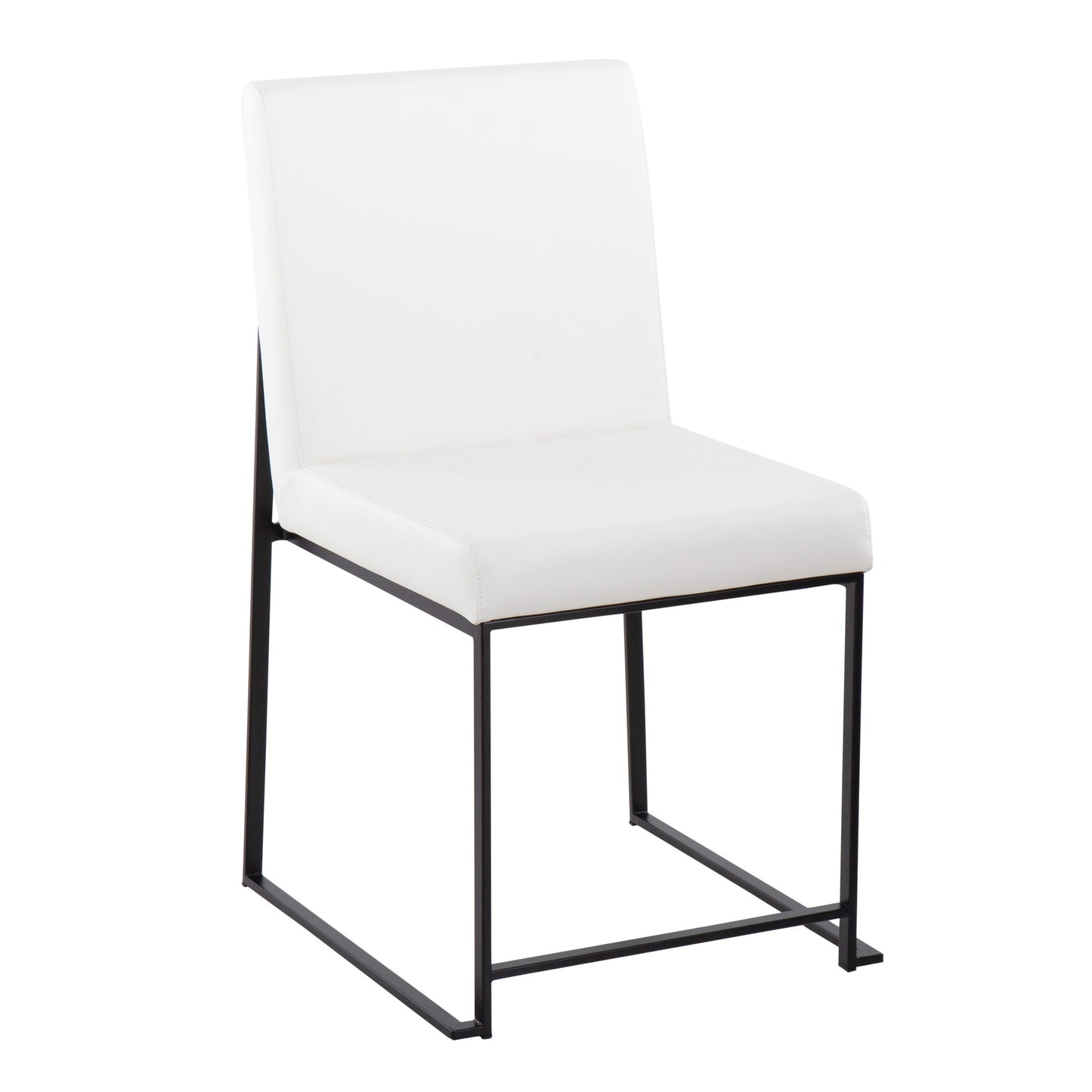 The Fuji High Back Dining Chair (Set of 2) offers contemporary elegance with a white cushioned seat and backrest, supported by a minimalist black metal frame and open rectangular legs.