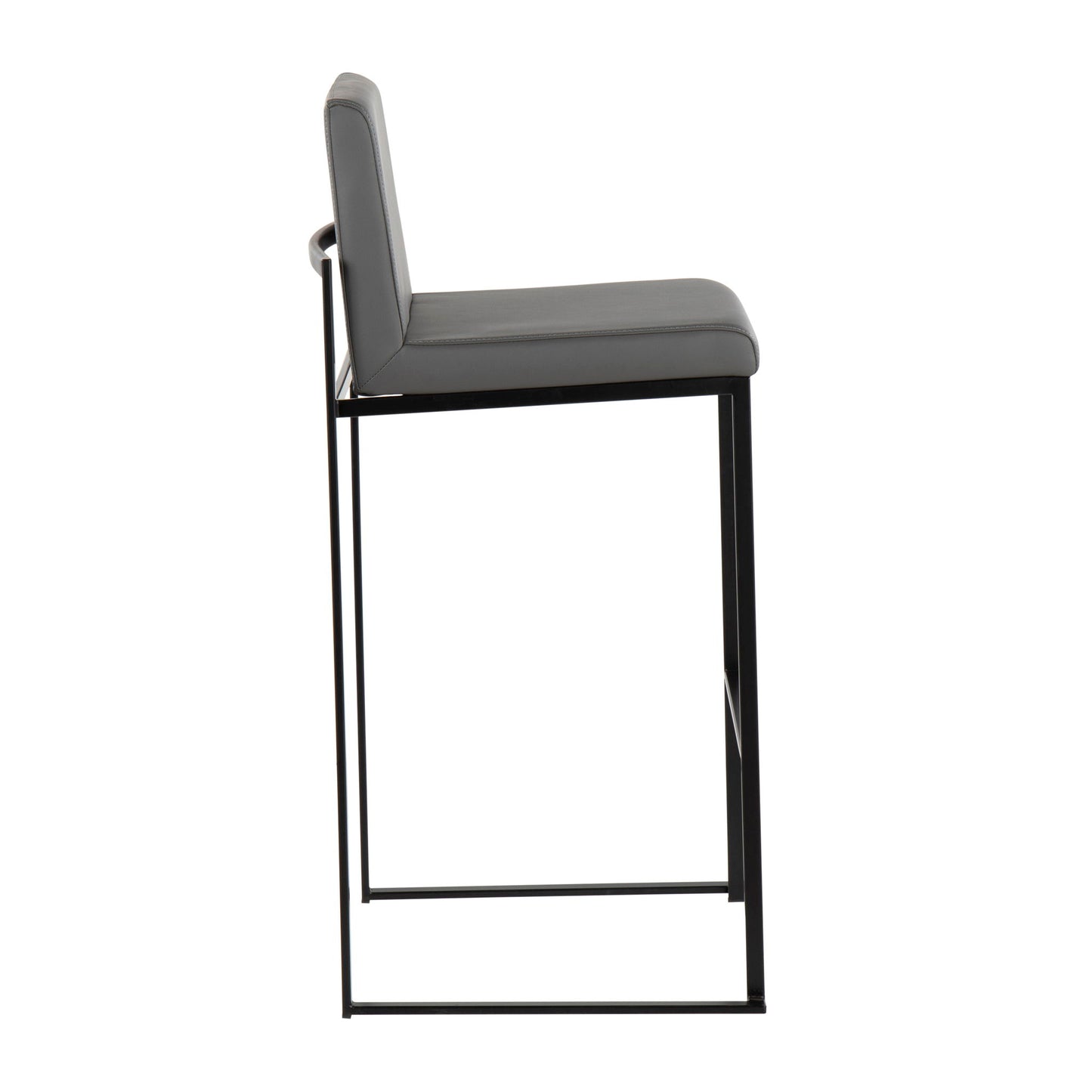 Side view of the Fuji - Contemporary High Back Barstool featuring an elegant design with a black metal frame and cushioned gray seat and backrest, shown against a white background.