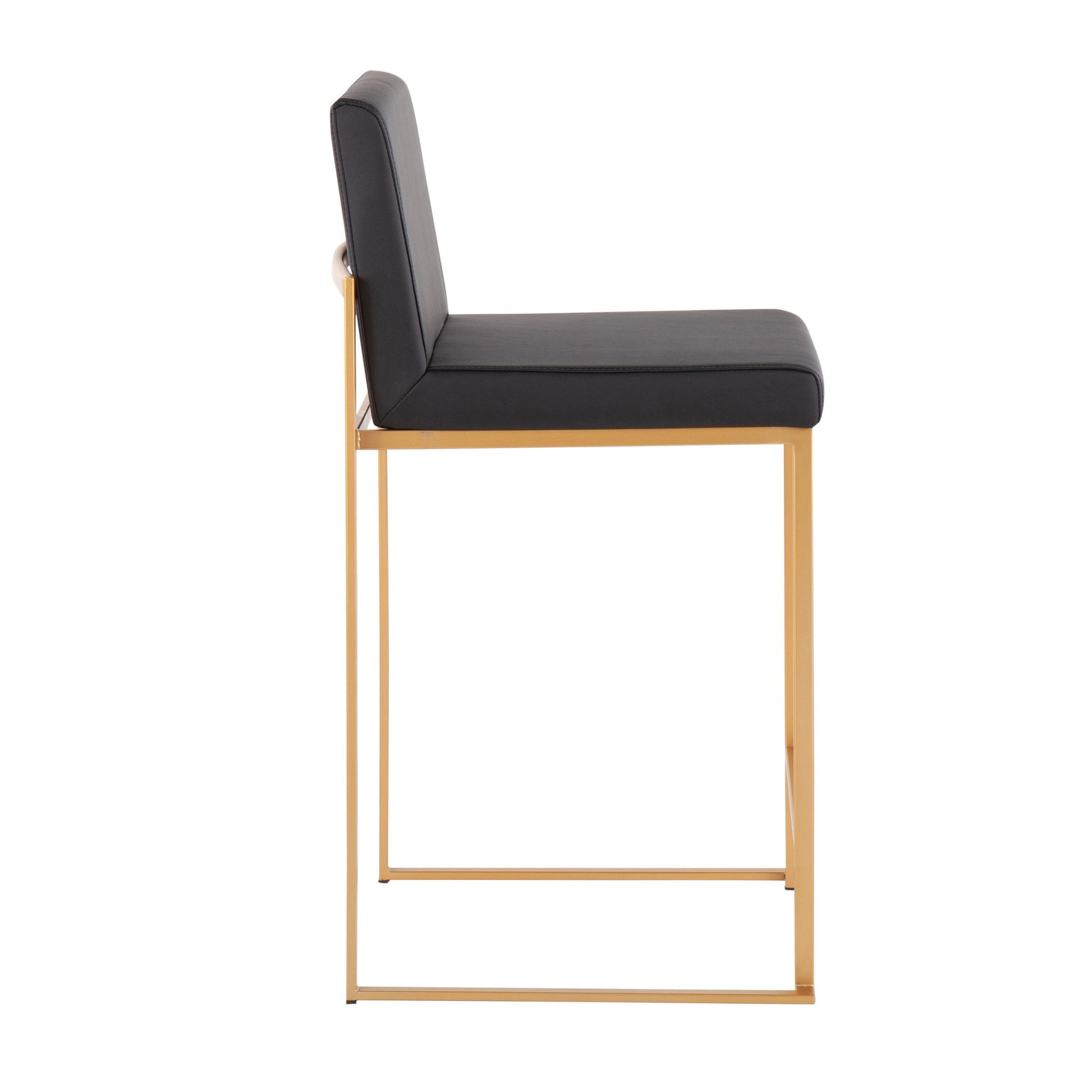 Side view of the Fuji - Contemporary High Back Stylish Counter Stool, featuring a black cushioned seat and backrest on a sleek gold metal frame with minimalist design, set against a plain white background.
