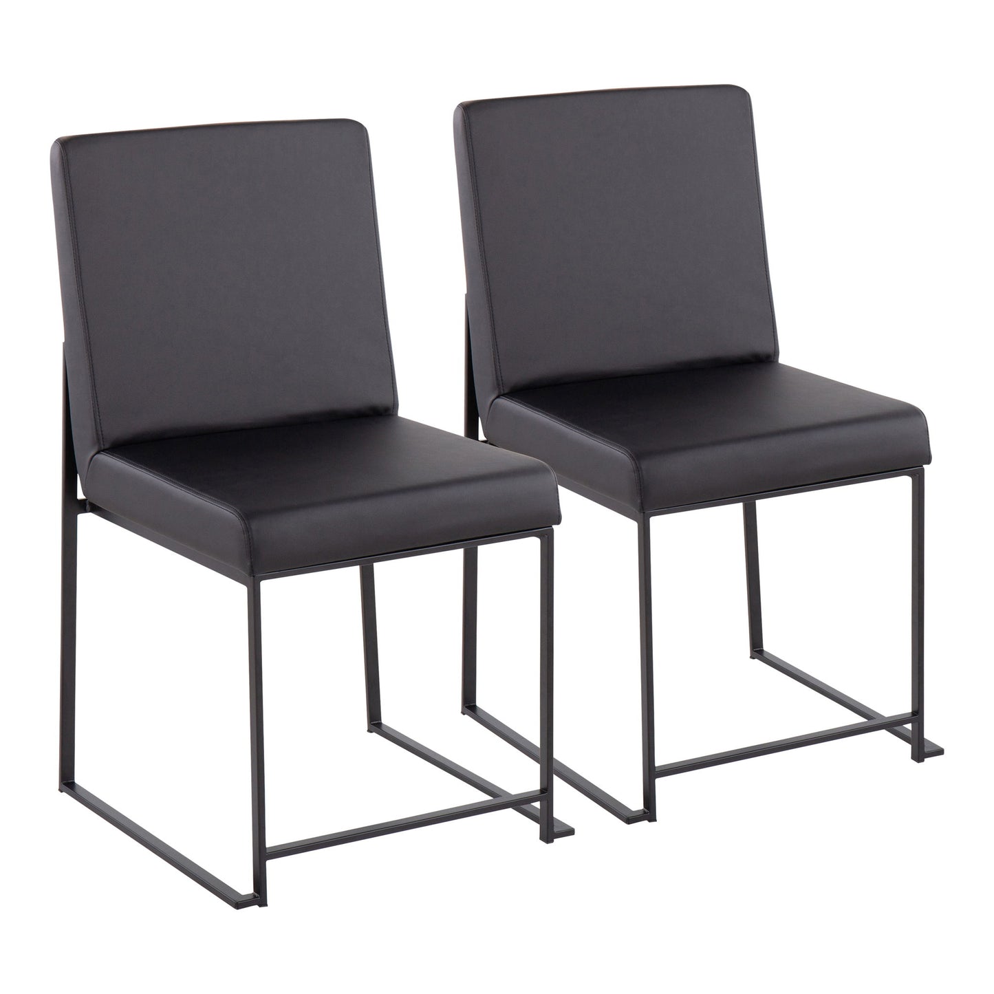 The Fuji High Back Dining Chair set of 2 features contemporary black chairs with cushioned seats and backs, sleek straight metal legs, and a minimalist design, shown side by side on a white background.