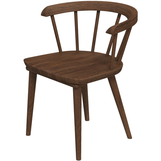 The Kingsley Dining Chair (Set of 2) in Brown features a wooden build with a curved low backrest, upright spindles, four angled legs, and a minimalist design.