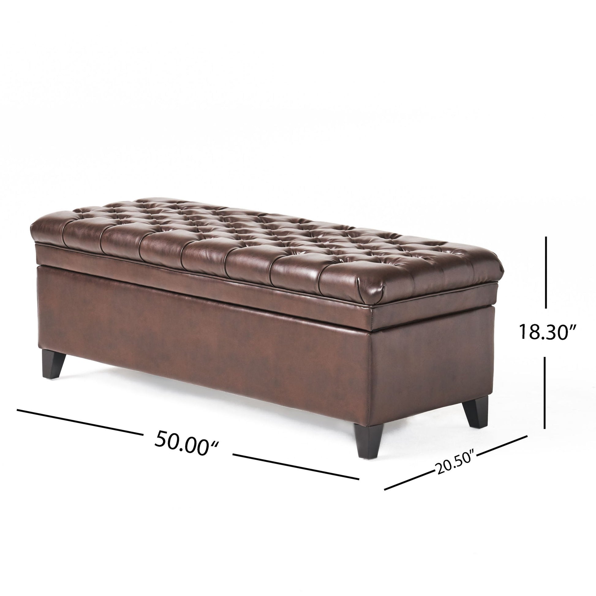 The Juliana Storage Ottoman features birch legs and brown tufted leather, measuring 50"W x 20.5"D x 18.3"H, offering stylish storage and seating for any space.