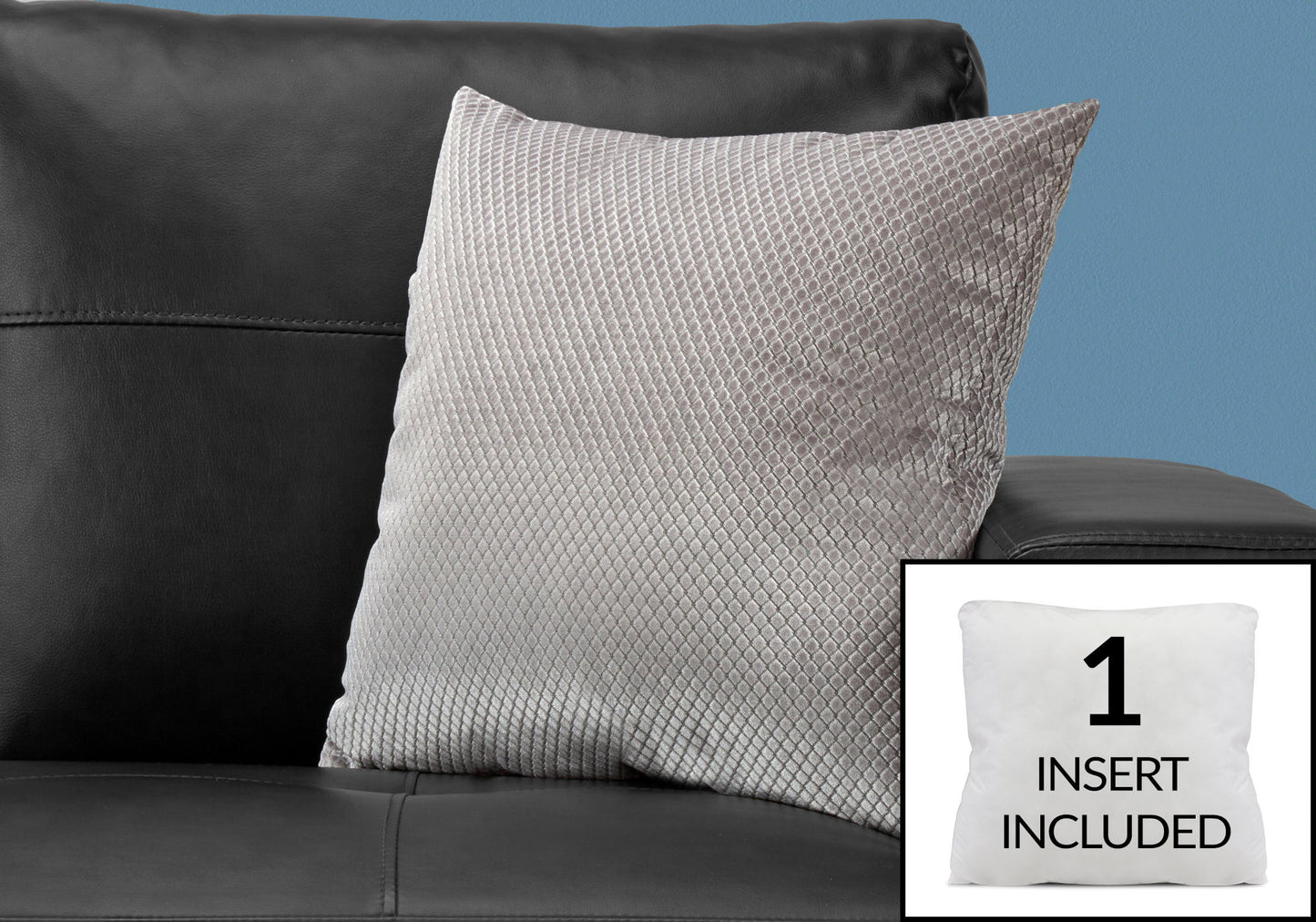 A modern light gray decorative throw pillow from Pillows rests on a black leather sofa. Inset: a white hypoallergenic square pillow insert with "1 INSERT INCLUDED" text.
