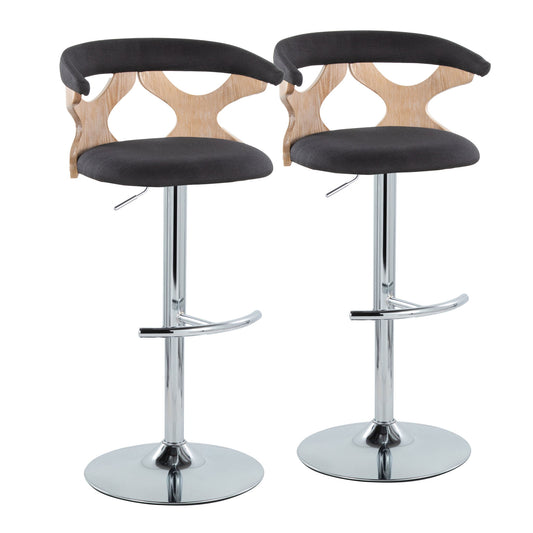 The Gardenia Contemporary Adjustable Barstools (set of 2) feature curved wooden backrests, black cushioned seats, chrome swivel bases, and rounded T footrests, shown side by side against a white background.
