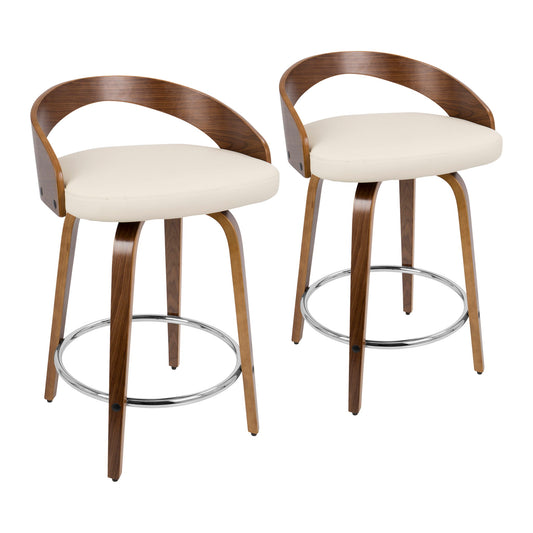The Grotto Set of 2 Mid-Century Modern Counter Stools features curved wooden backs, cream-colored swivel seats, wooden legs, and chrome footrests for a sleek, contemporary look.