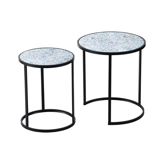 Set of 2 round stacking side tables, each with a terrazzo-patterned top and sturdy black metal frame. The smaller table slides partly under the larger one, perfect for small spaces in the living room or office.