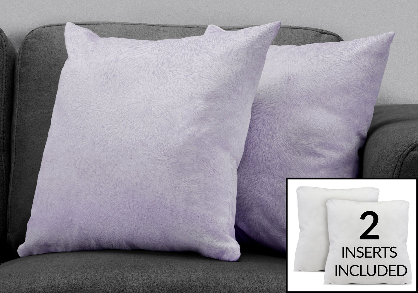 Two light purple decorative square throw pillows with hypoallergenic inserts are on a dark gray couch. An inset at the bottom right shows the included white pillow inserts, highlighting that 2 inserts come with each modern pillow set.