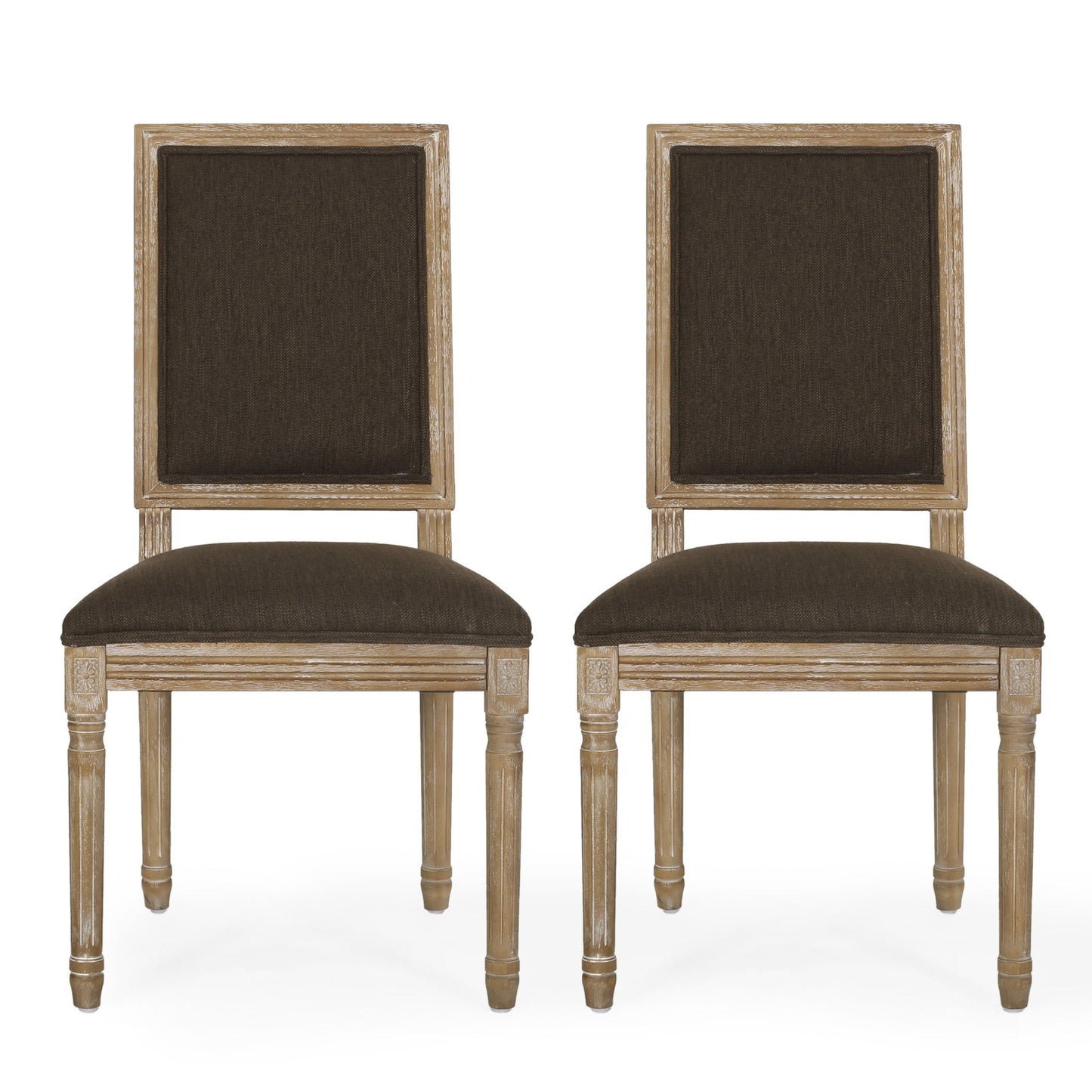 Two French Country Style Dining Chairs with dark upholstered seats and backs, fluted legs, and light weathered frames are placed side by side against a white background.