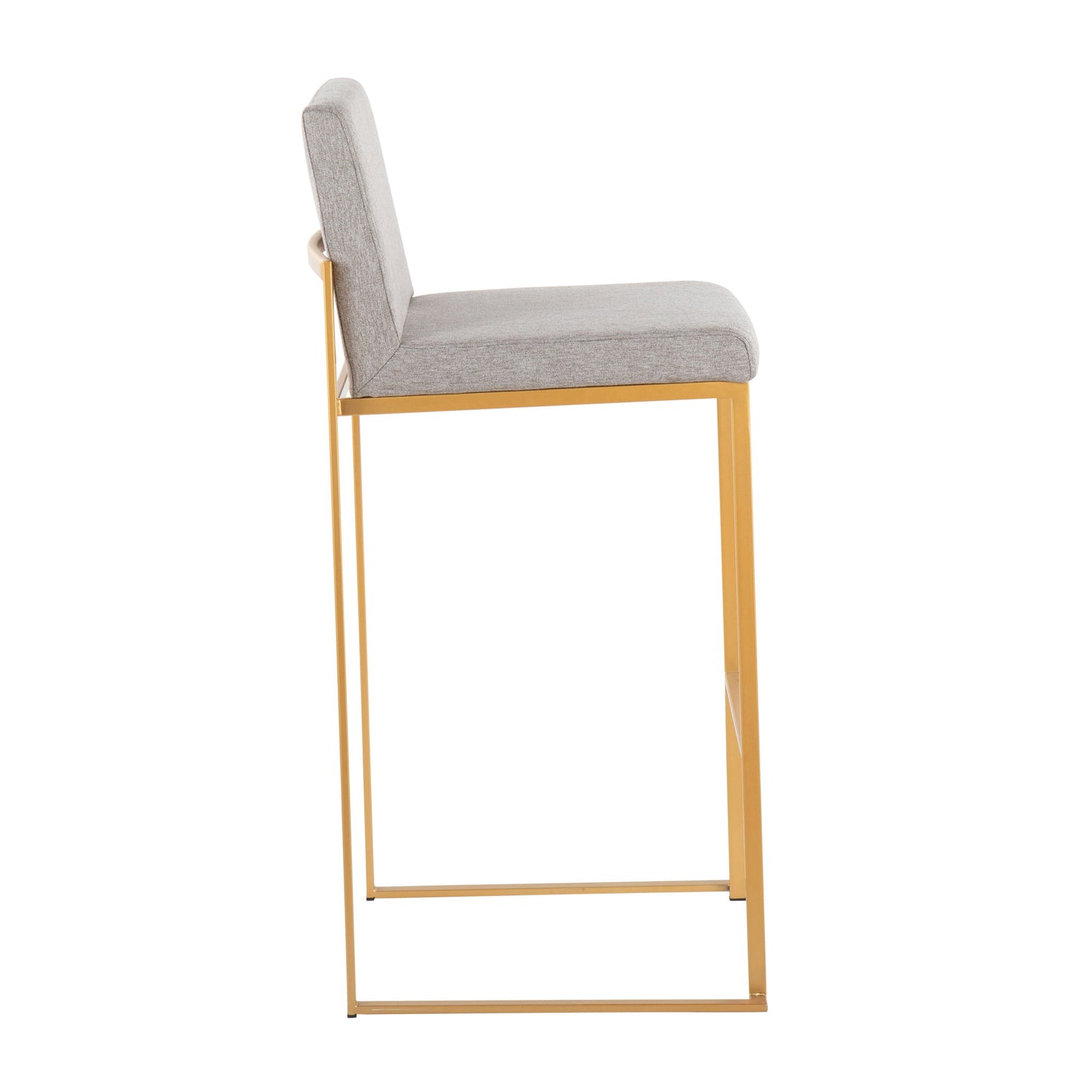 The Fuji - Contemporary Design High Back Barstool (Set of 2) features a light gray cushioned seat and backrest with a sleek gold metal frame, shown in side profile against a white background.
