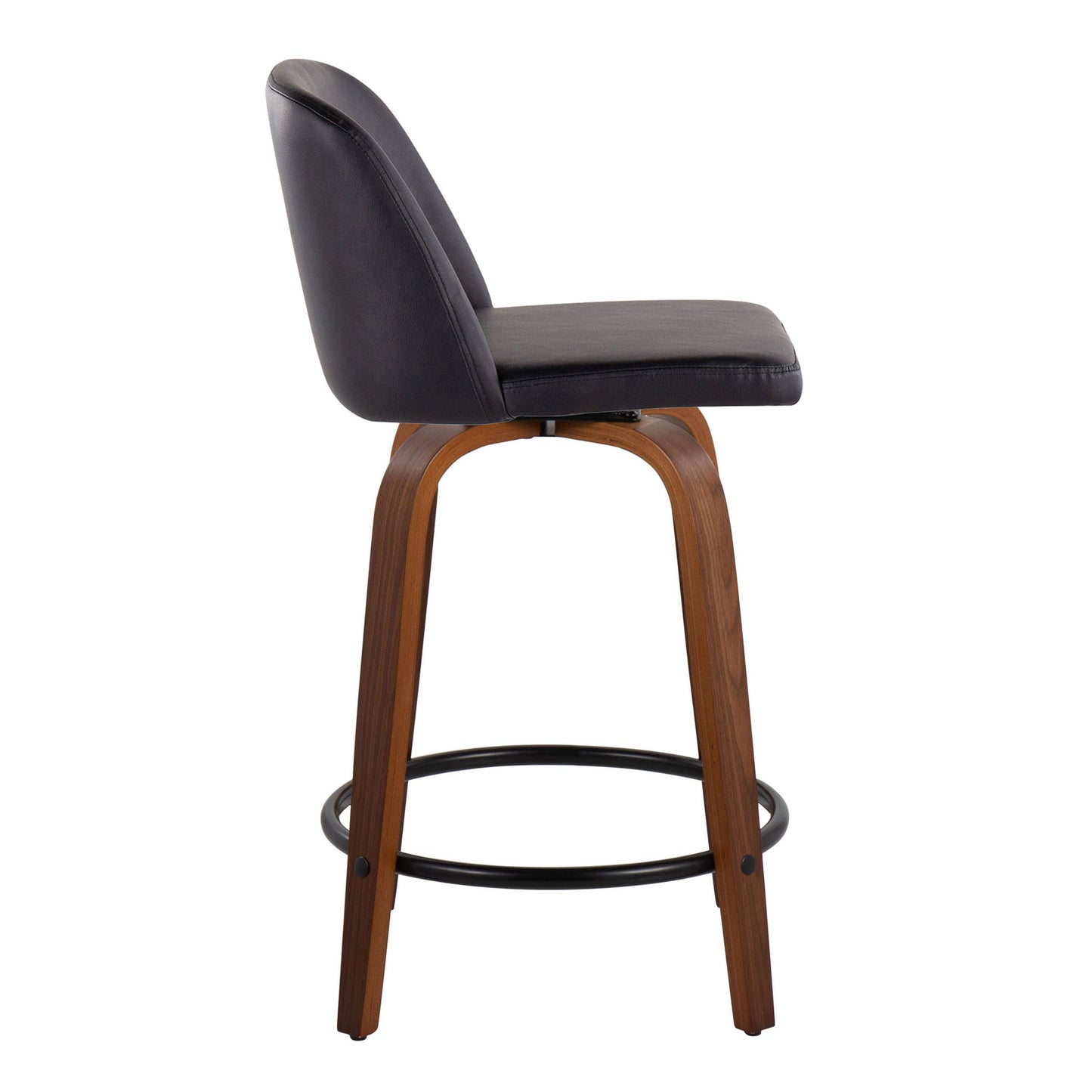 The Toriano Mid Century Modern Counter Stool set features a black cushioned seat and backrest, wooden legs, and a round black metal footrest, shown here in a side profile view.