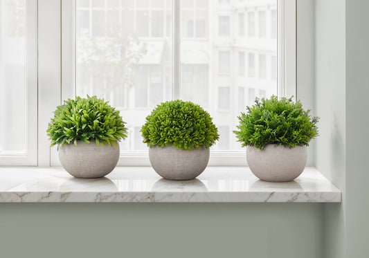 5" Tall, Artificial Plant, Grass, Indoor, Faux, Fake, Table, Greenery, Potted, Decorative (Set of 3) - Green / Gray