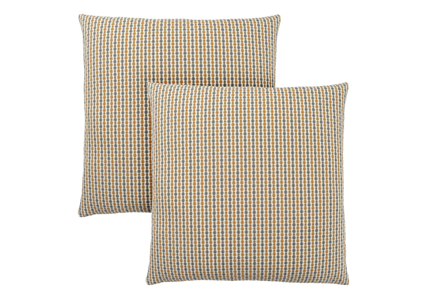 Two square decorative throw pillows, hypoallergenic with inserts included, featuring a textured woven pattern in blue, yellow, and white, are shown overlapping on a white background.