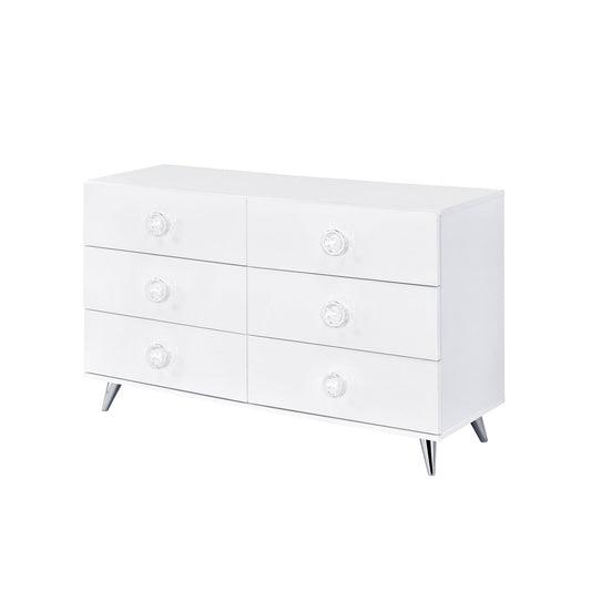 The Perse - Dresser - White is a modern dresser with six drawers, each with a round clear knob, and stands on four angled metal legs for a sleek, contemporary appearance.