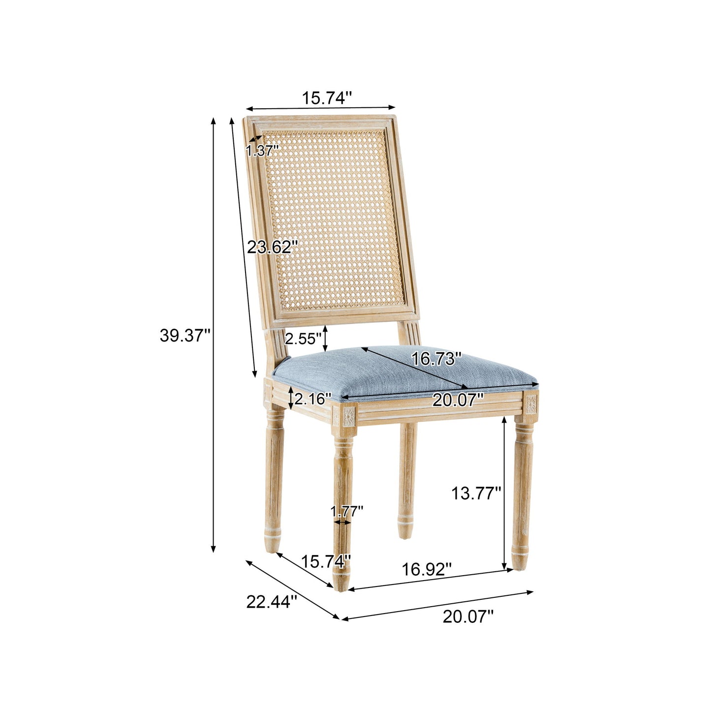 The French Country Dining Chair features a rectangular cane backrest and smooth blue upholstered seat, with overall height 39.37", seat width 16.92", depth 22.44", plus other detailed inches measurements marked.