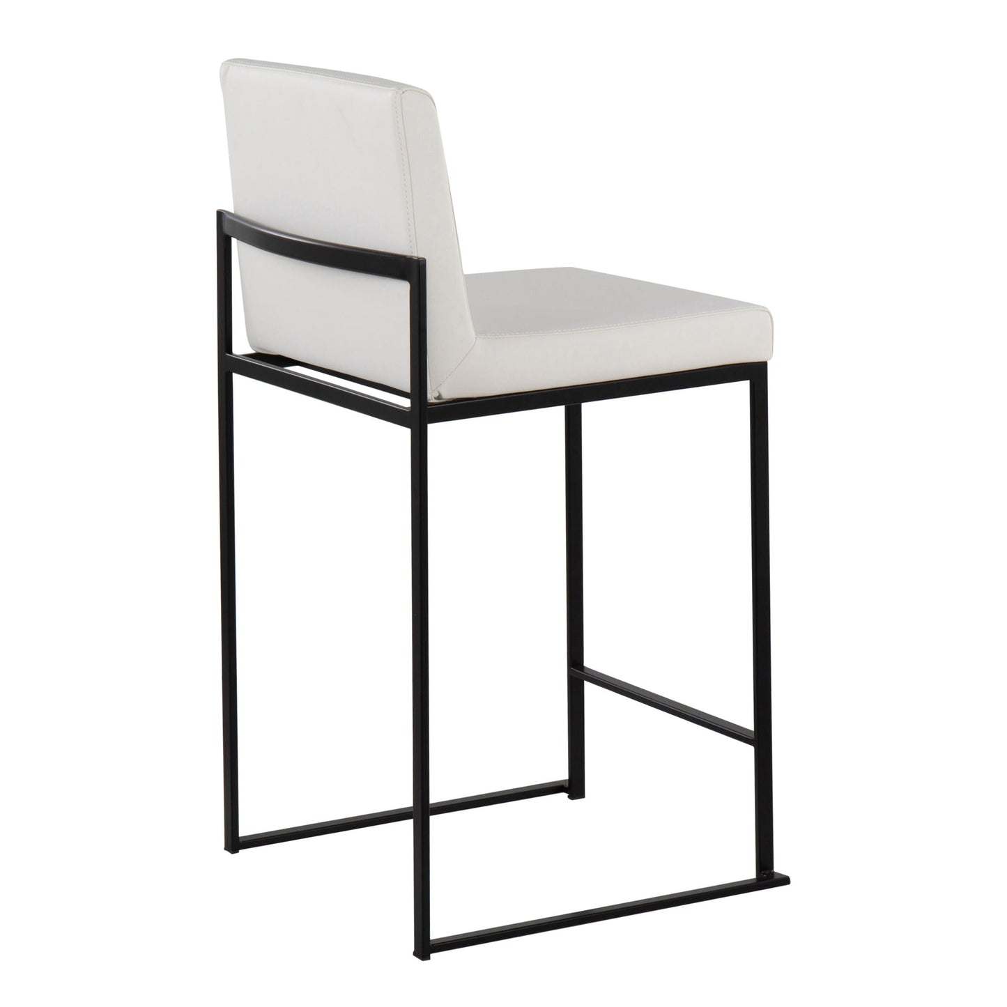 The Fuji - Contemporary Modern Elegance, High Back Counter Stool features a white cushioned seat and backrest, a minimalist black metal frame, and a low rectangular back support. It is shown angled to highlight the back and one side.