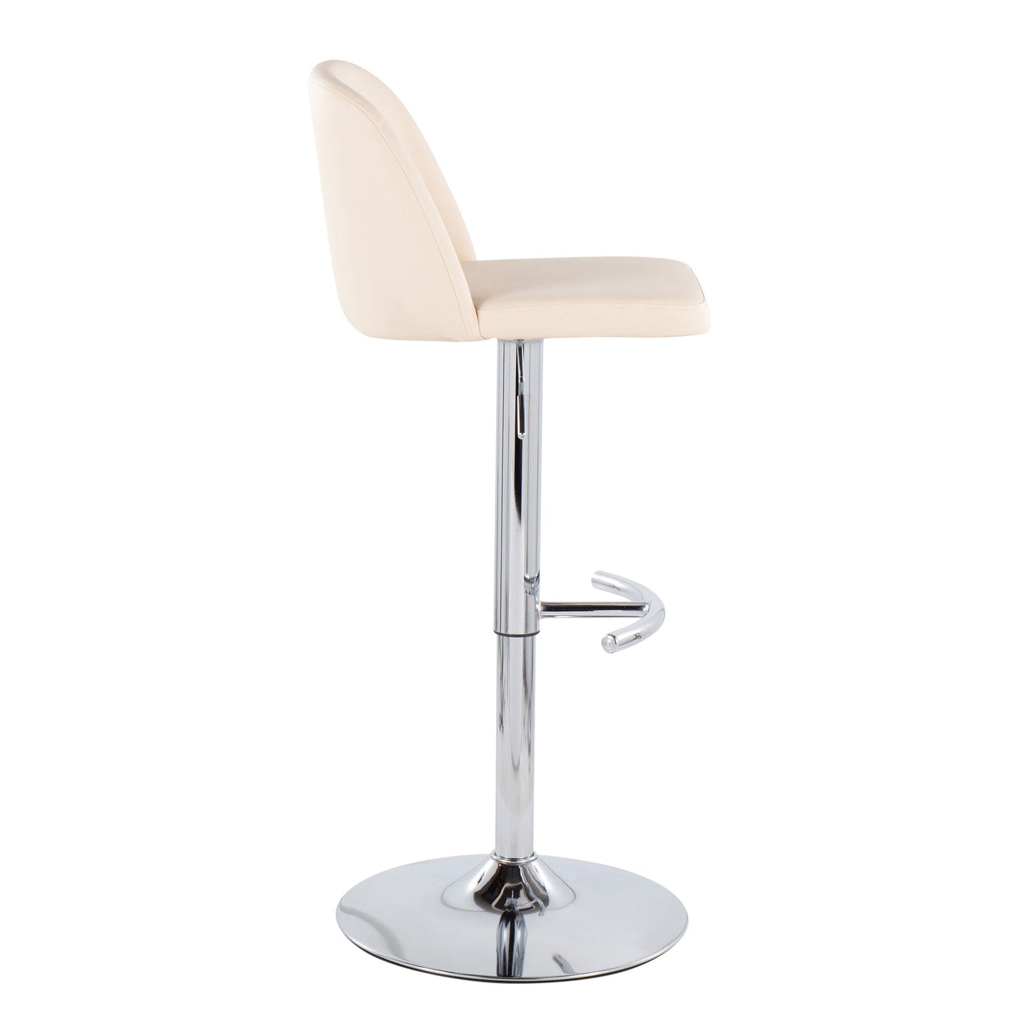 The Toriano barstool set features a cream cushioned seat and backrest, chrome base, swivel function, adjustable height, and a rounded T footrest. Shown in profile view.