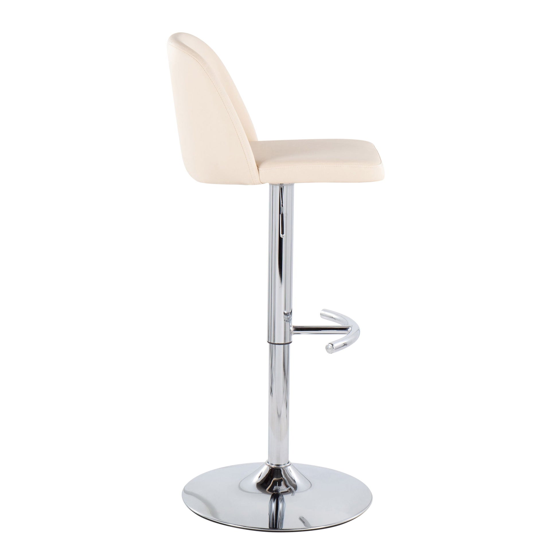 The Toriano barstool set features a cream cushioned seat and backrest, chrome base, swivel function, adjustable height, and a rounded T footrest. Shown in profile view.